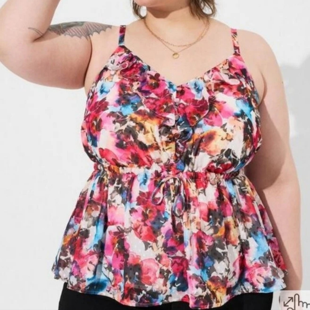 Torrid Size 4 4X Floral Chiffon Clip Dot Ruffle Tie Waist Tank NWT